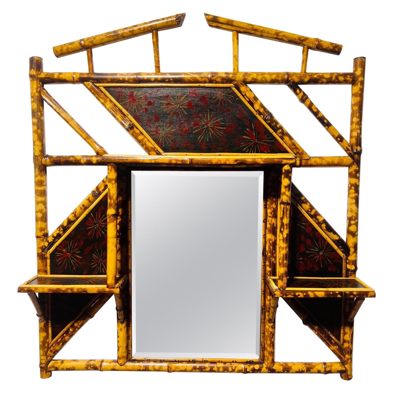 19th Century English Aesthetic Movement Lacquered Bamboo Wall Mirror / Shelf For Sale