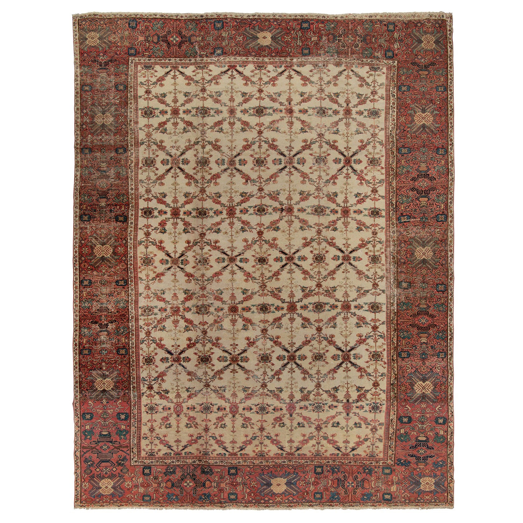 Antique Persian Sultanabad Rug in Beige and Red Floral Patterns