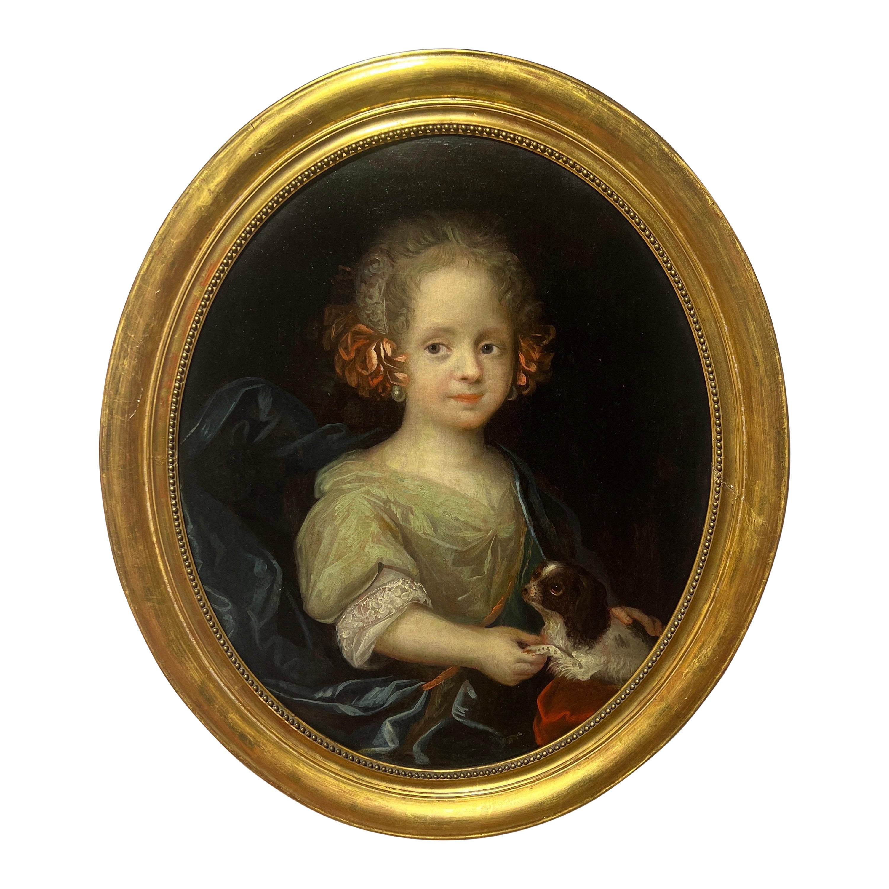 18th Century French Portrait of a Young Girl & Dog Attributed to Vigée Le Brun For Sale