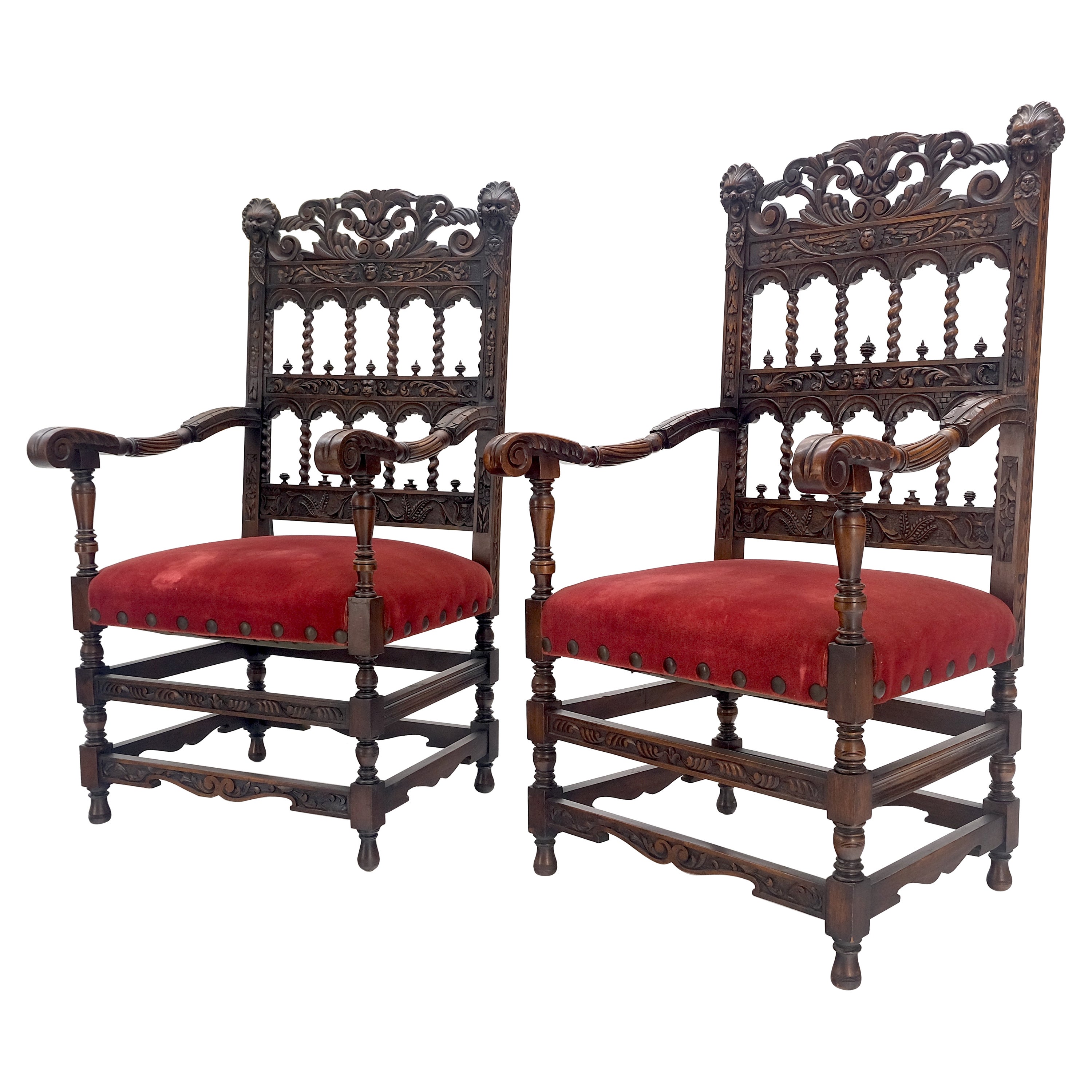 Fine Carved North Winds Faces Heavy Oak Arm Chairs Twisted Spindles c1900s MINT For Sale