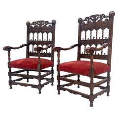 Fine Carved North Winds Faces Heavy Oak Arm Chairs Twisted Spindles c1900s MINT