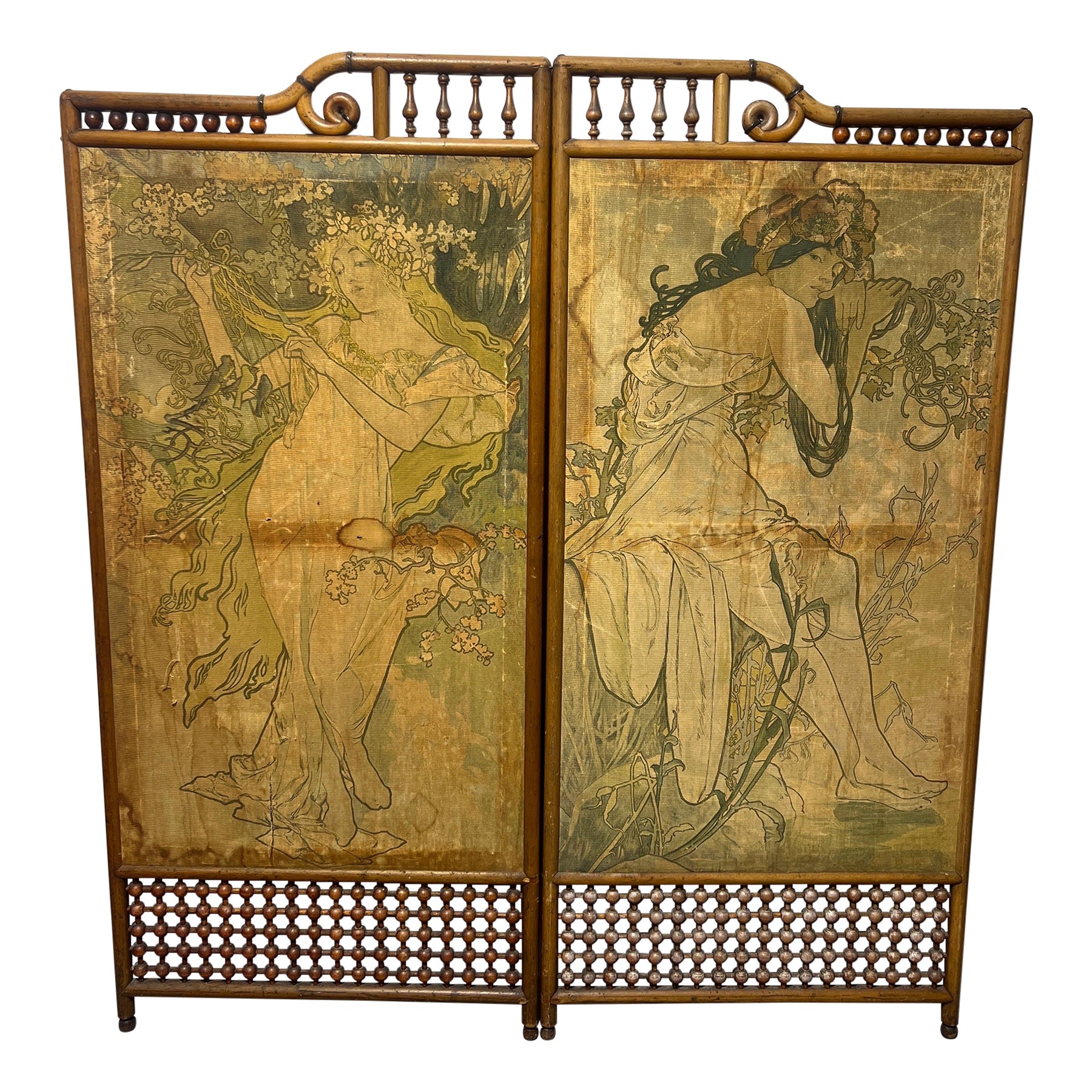 Attr Alphonse Mucha (Czech, 1860-1939), Art Nouveau “Four Seasons” Floor Screen For Sale