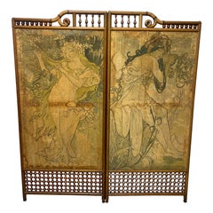 Antique Attr Alphonse Mucha (Czech, 1860-1939), Art Nouveau “Four Seasons” Floor Screen