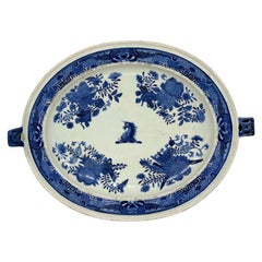 19th C. Chinese Export Blue & White Armorial Pattern Hot Water Platter 19.75"