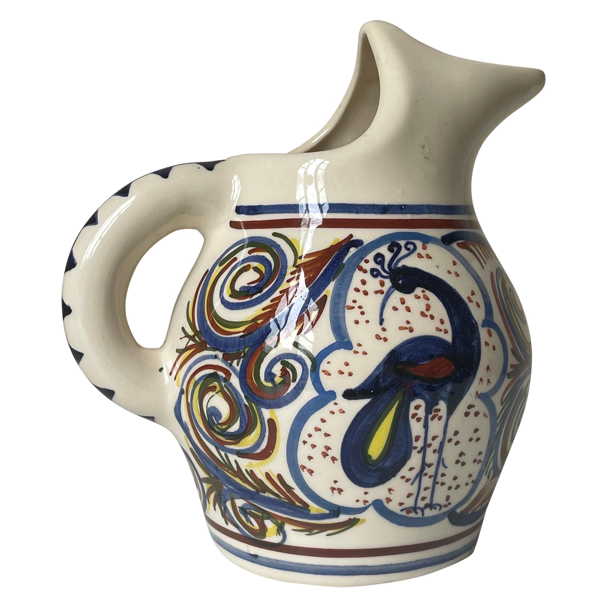 Hand-Painted Multicolored Ceramic Pitcher Vase For Sale