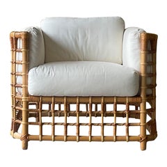 Vintage Coastal Grid Z Rattan Lounge Chair After Henry Olko