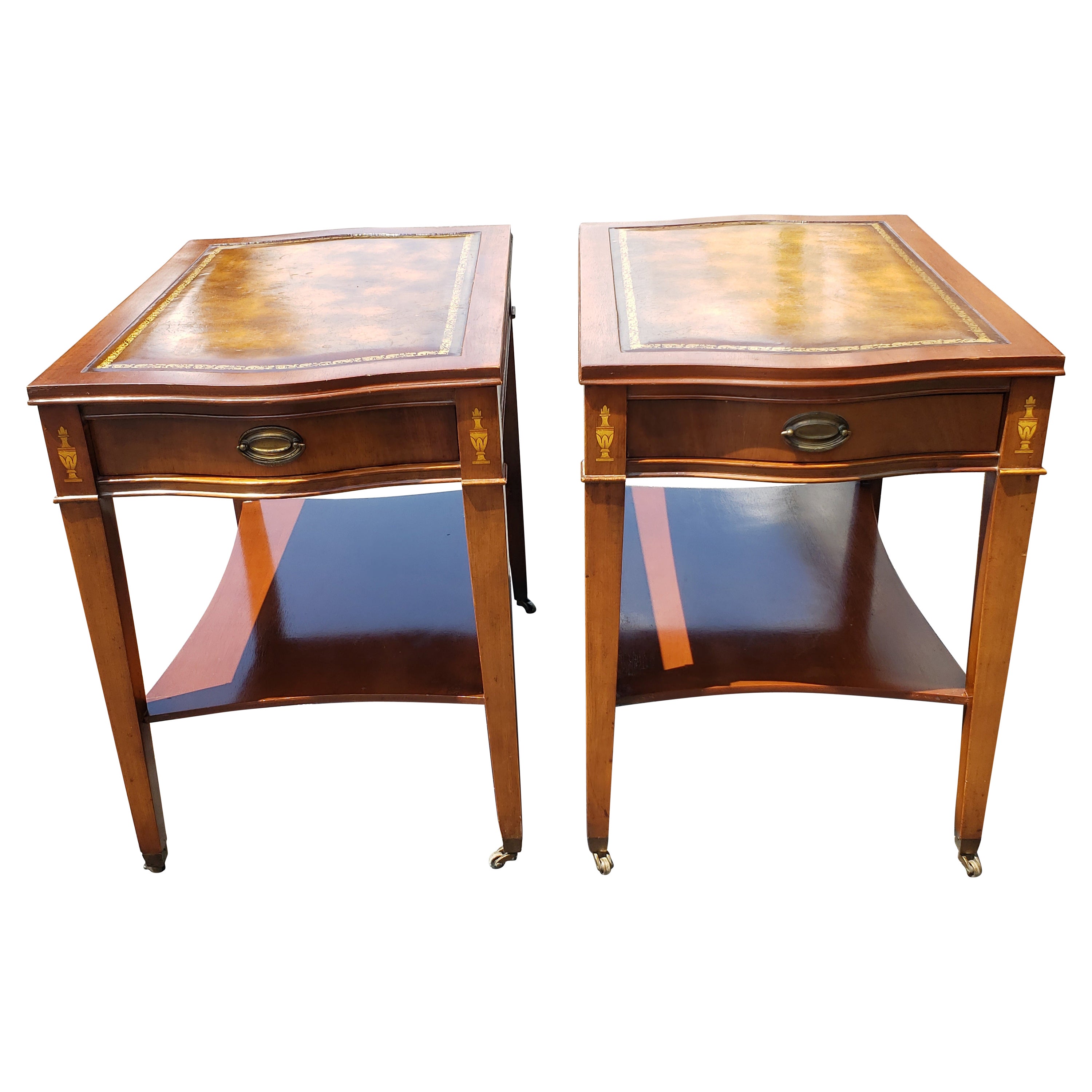 1958 Hollywood Regency Mahogany Inlay Tooled Leather Top and Gilt Stencil Tables For Sale