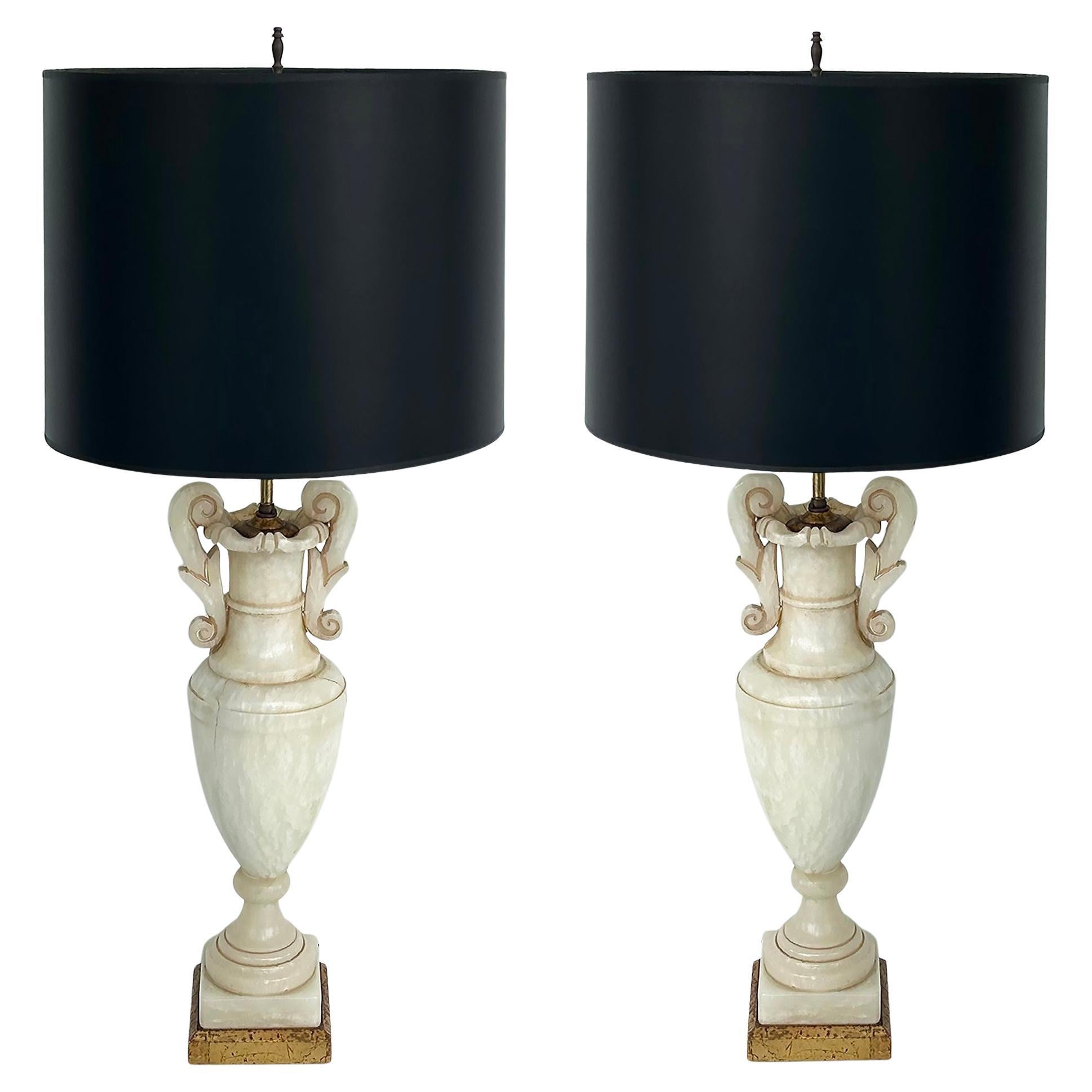 Monumental Alabaster Urn Table Lamps with Interior Lighting, Wired and Working For Sale