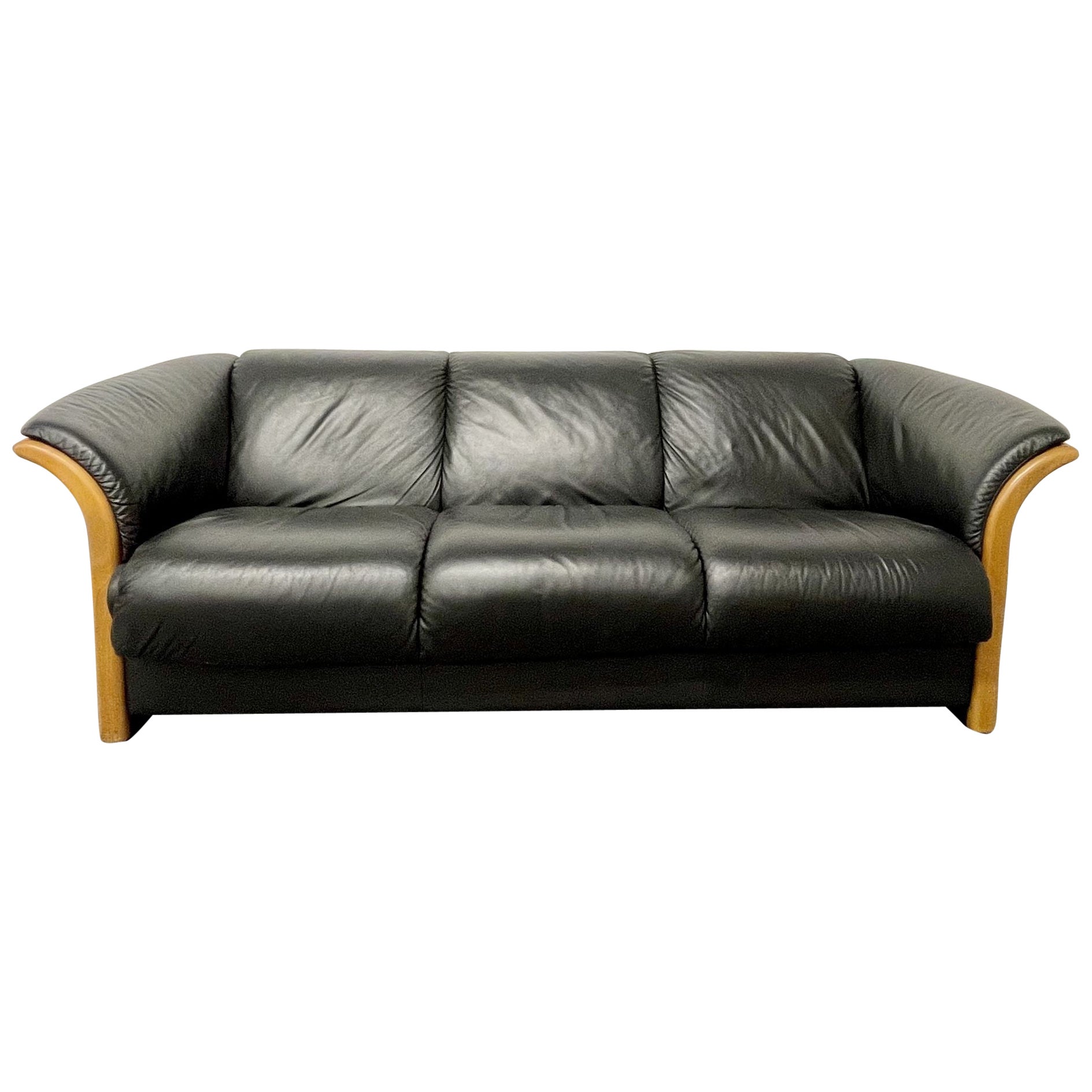 Mid Century Modern Sofa, Couch, Wood Trim, Black Leather For Sale