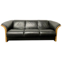 Retro Mid Century Modern Sofa, Couch, Wood Trim, Black Leather