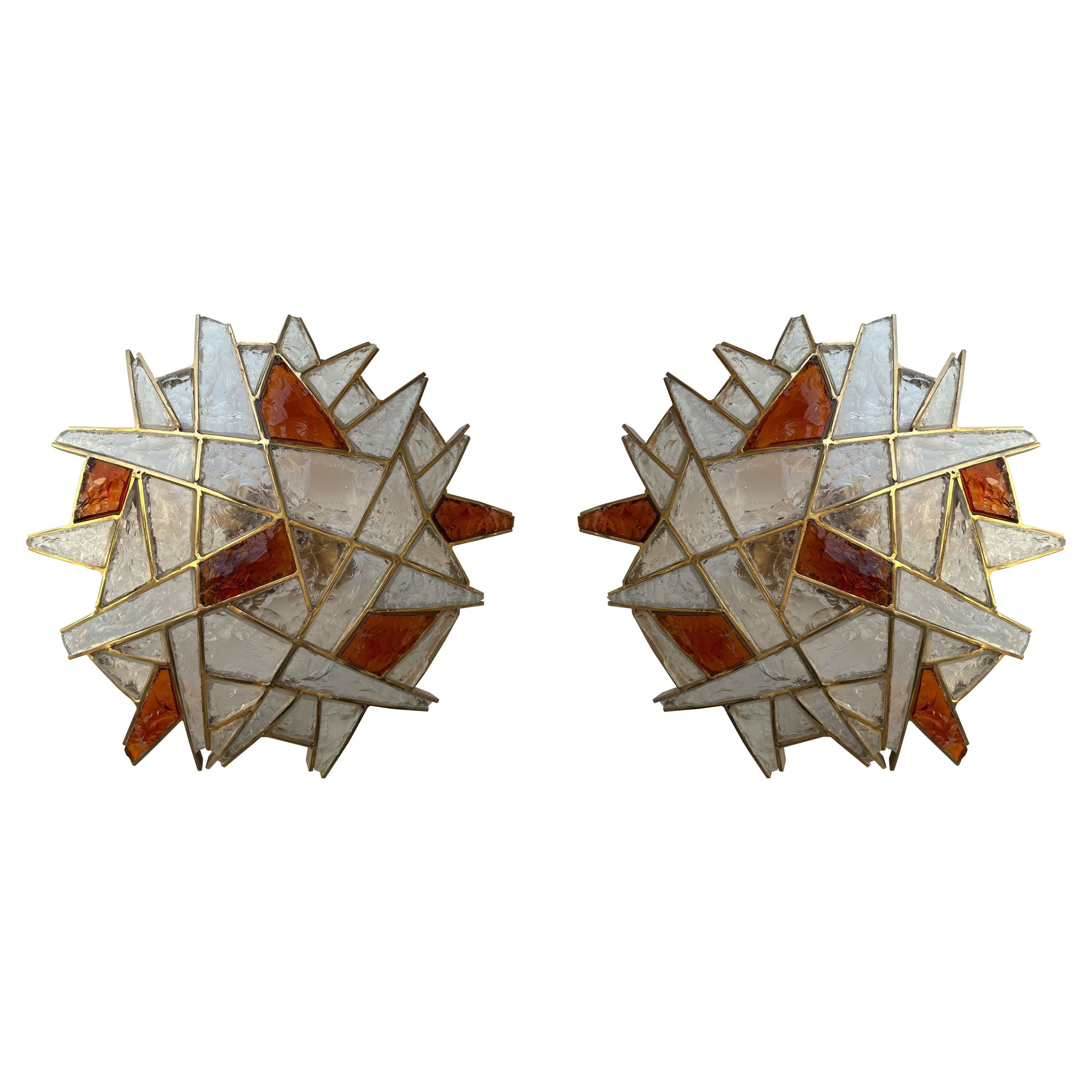 Large Pair of Hammered Glass Gilt Wrought Iron Sconces by Longobard, Italy 1970s For Sale