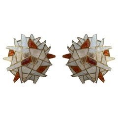 Retro Large Pair of Hammered Glass Gilt Wrought Iron Sconces by Longobard, Italy 1970s