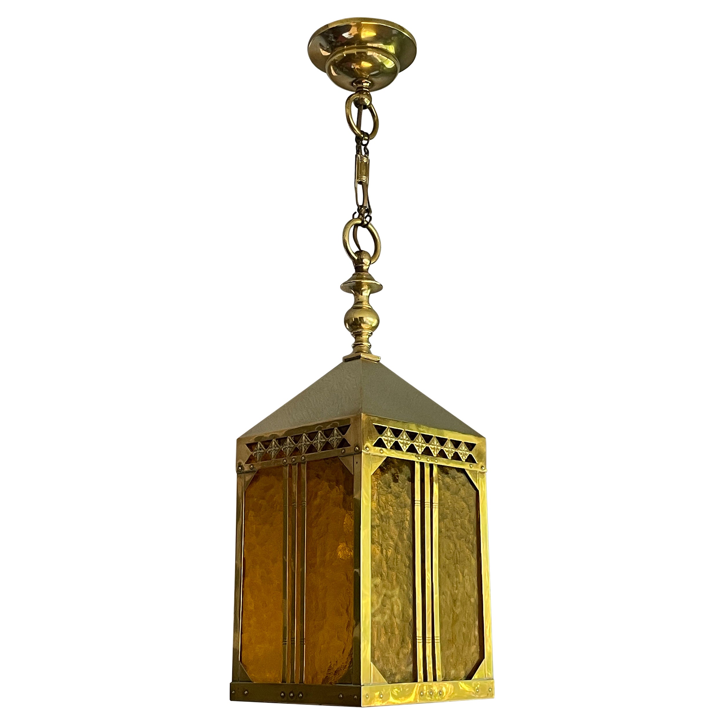 Arts & Crafts Brass & Glass Entry Hall Pendant / Lantern Attr. Jan Eisenloeffel For Sale
