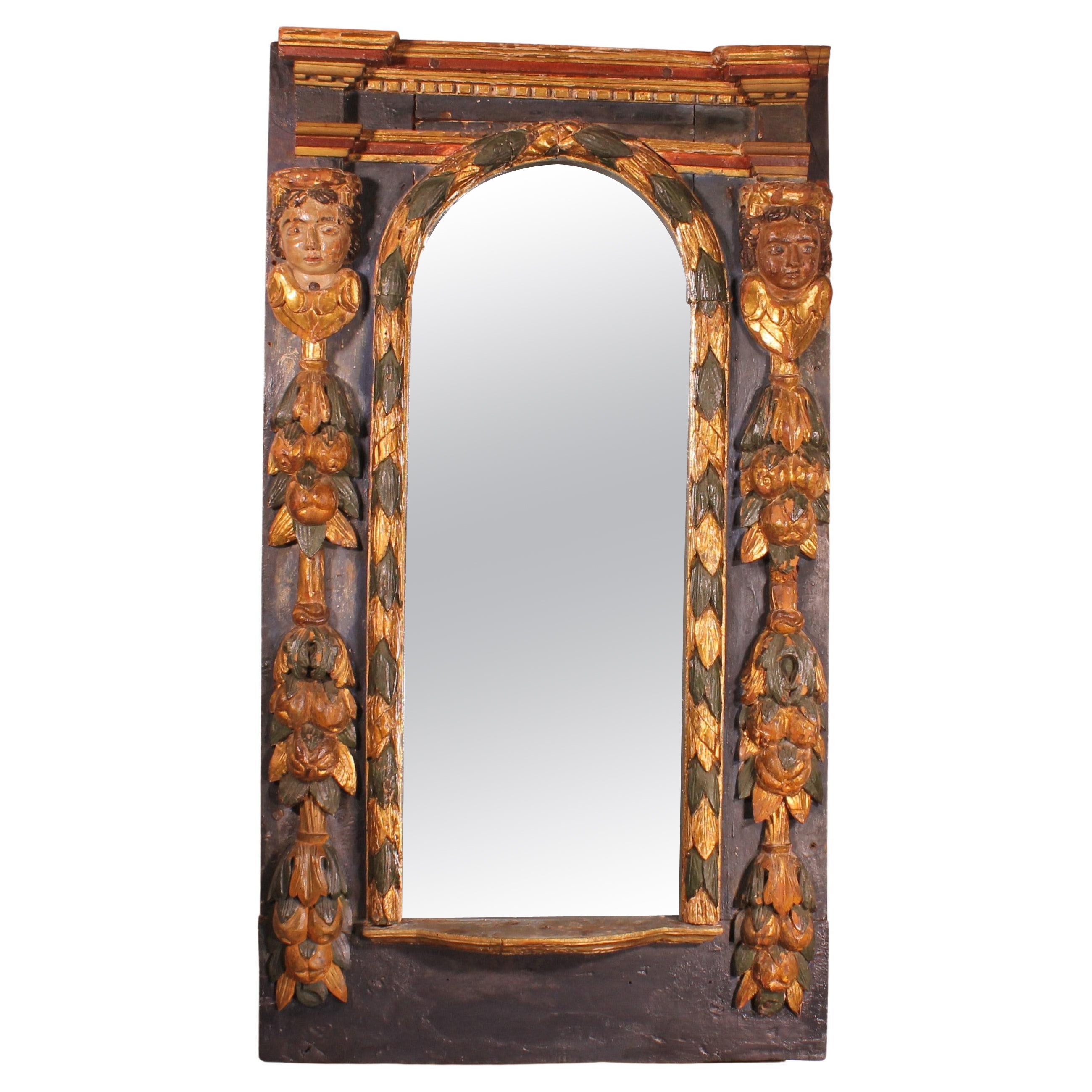 Large 17th Century Spanish Mirror In Polychrome Wood
