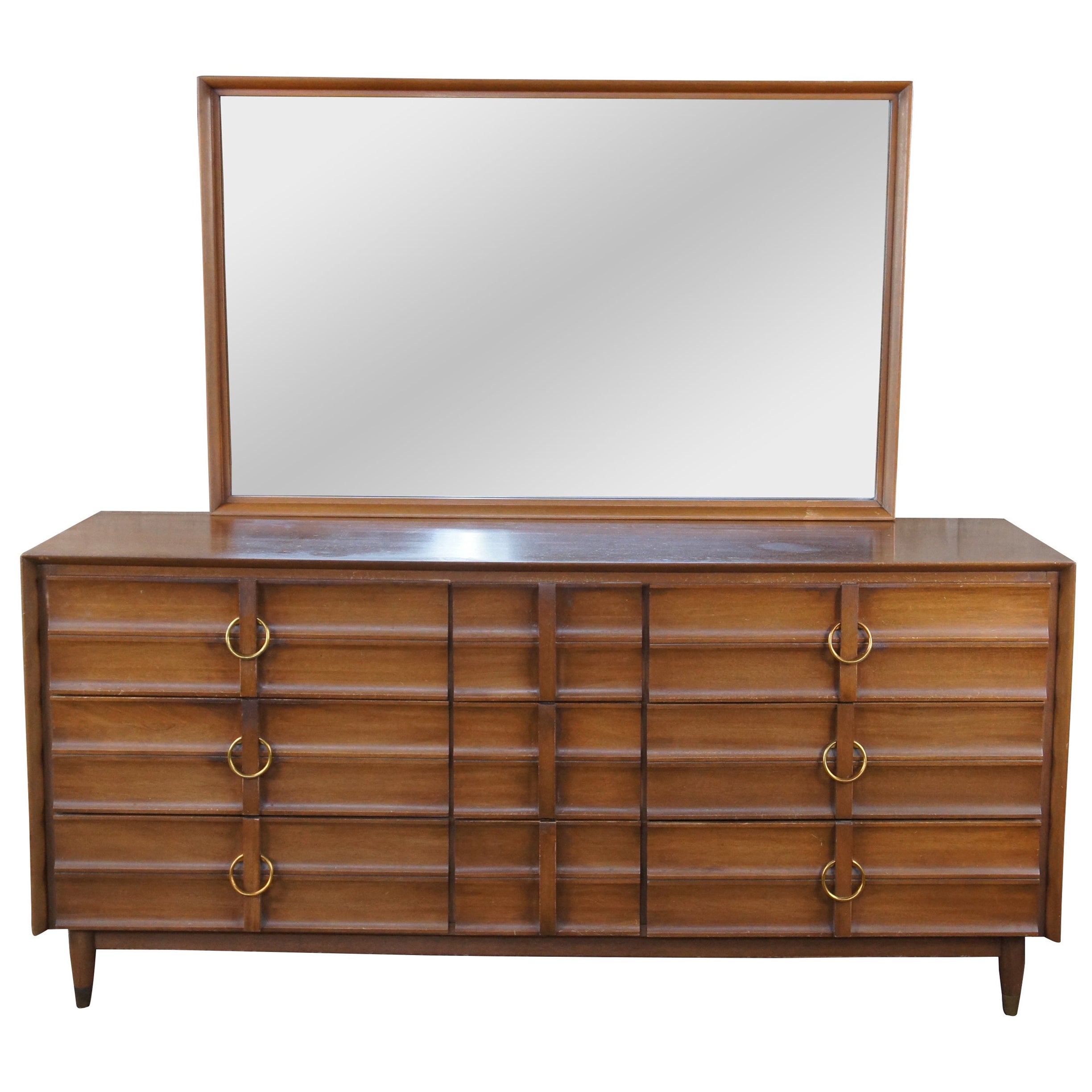 Hungerford Mid Century Modern Mahogany Dresser Chest of Drawers w Mirror 64"