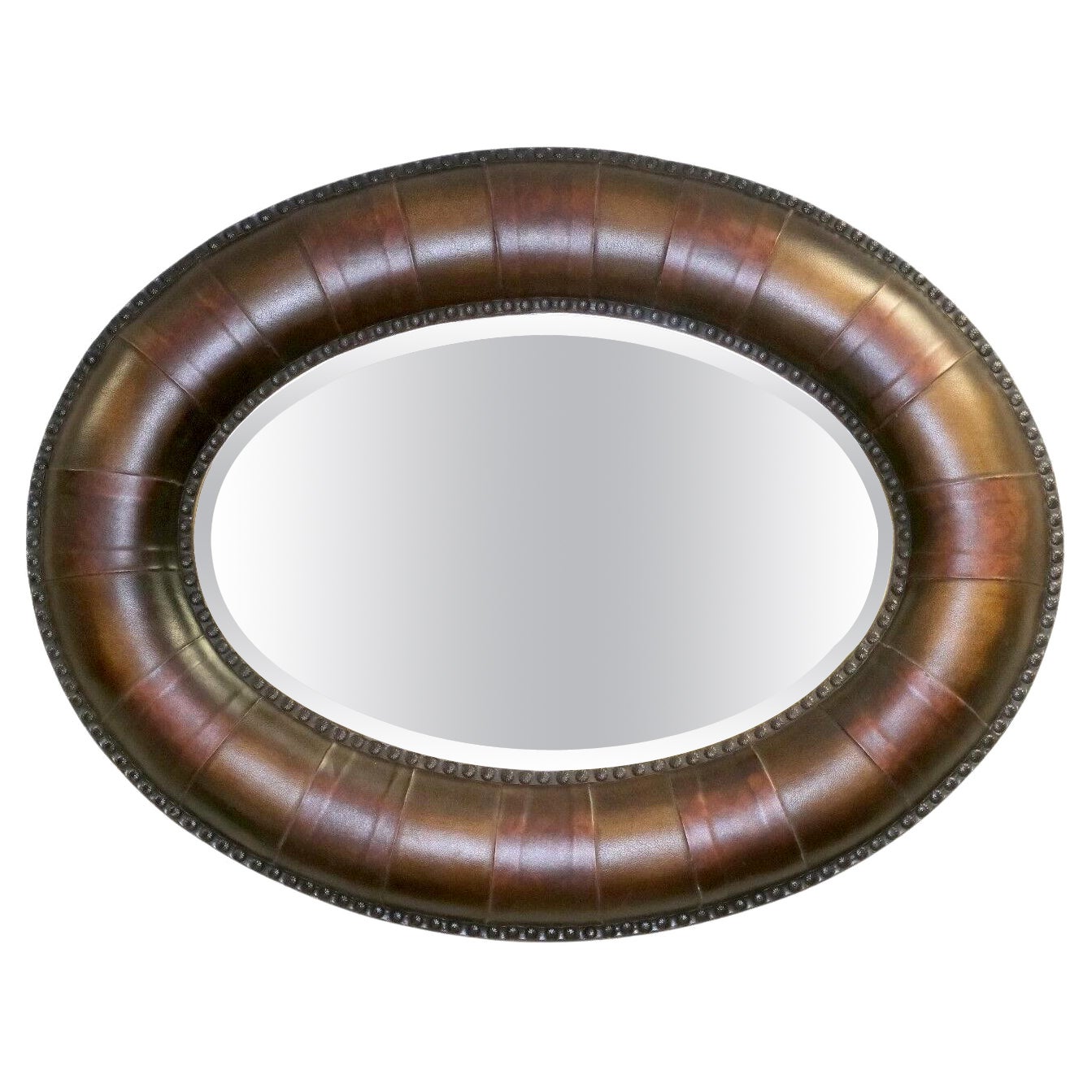 BEAUTIFUL DETAILED BROWN LEATHER OVAL STUDDED FRAME WALL MiRROR
