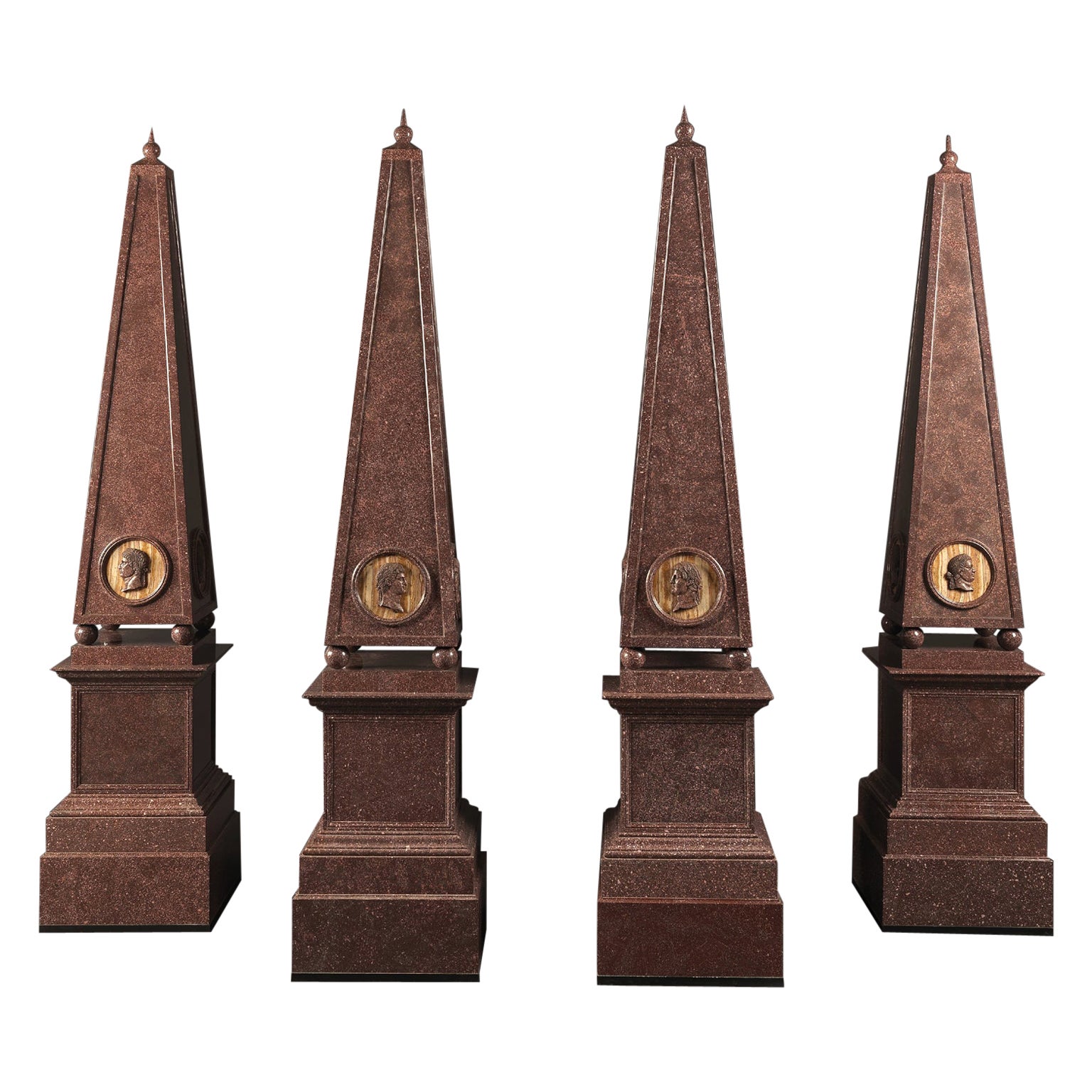 A Set of Four Large Porphyry Obelisks With Roundels of the Roman Emperors For Sale