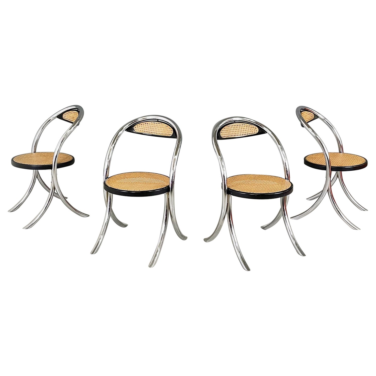 Italian mid-century modern Chairs in straw, black wood and tubular steel, 1970s