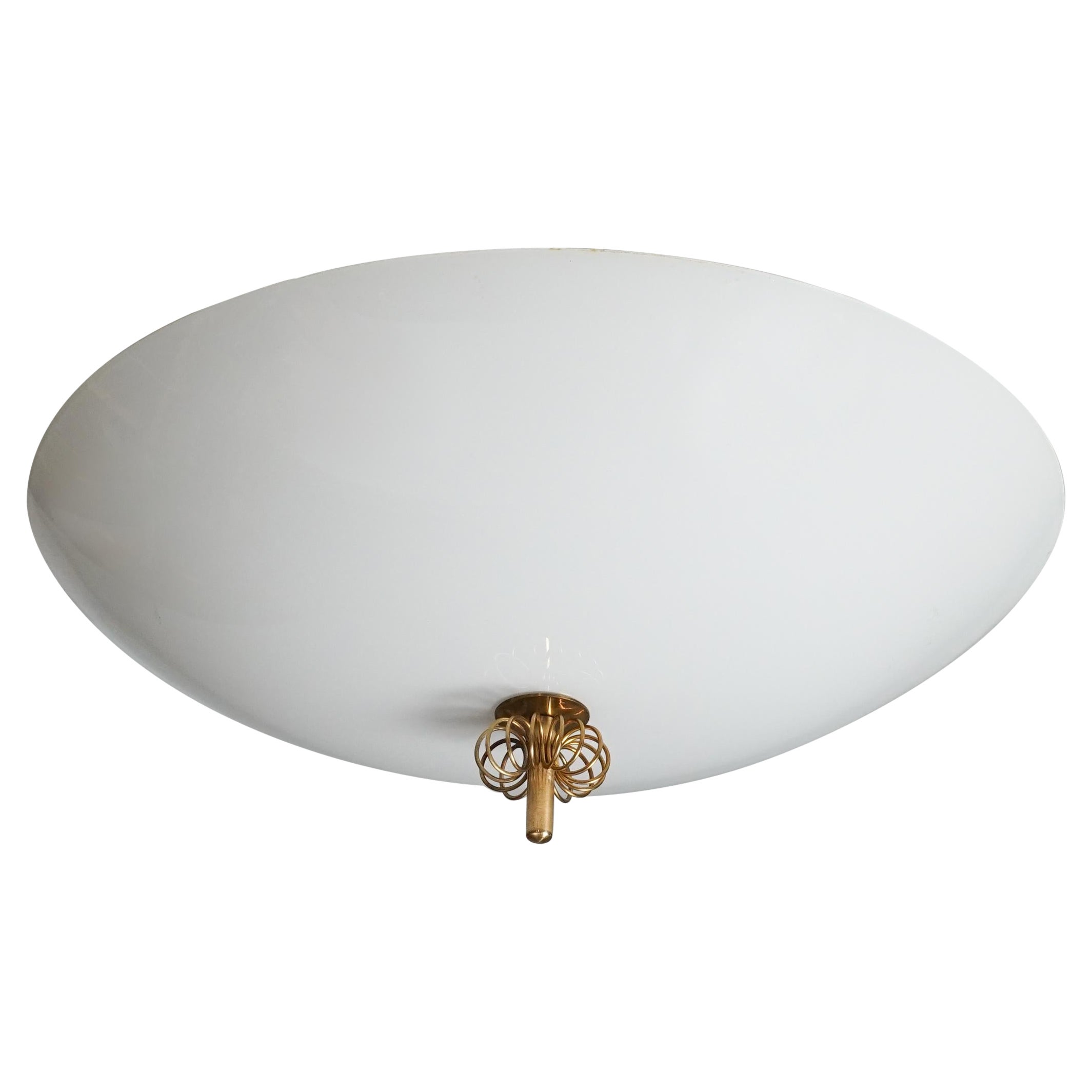 Rare Paavo Tynell Flush Mount in Opaline Glass and Brass For Sale