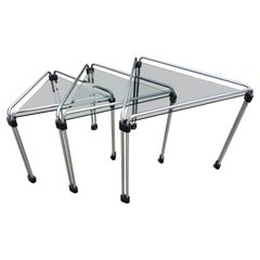 Set of 3 Bauhaus Style Triangular Nesting Tables done in chrome, Italy 1970s