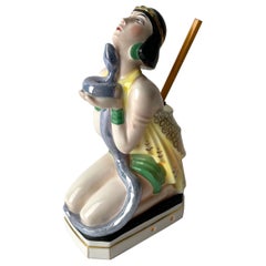 Antique Oriental Art Deco Sculptural Table Lamp with Pen Stand, Lady with Serpent, 1920s