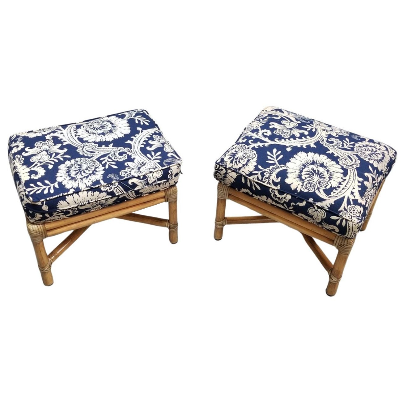 Restored Leather Wrapped Rattan Footstool Pair Signed by McGuire