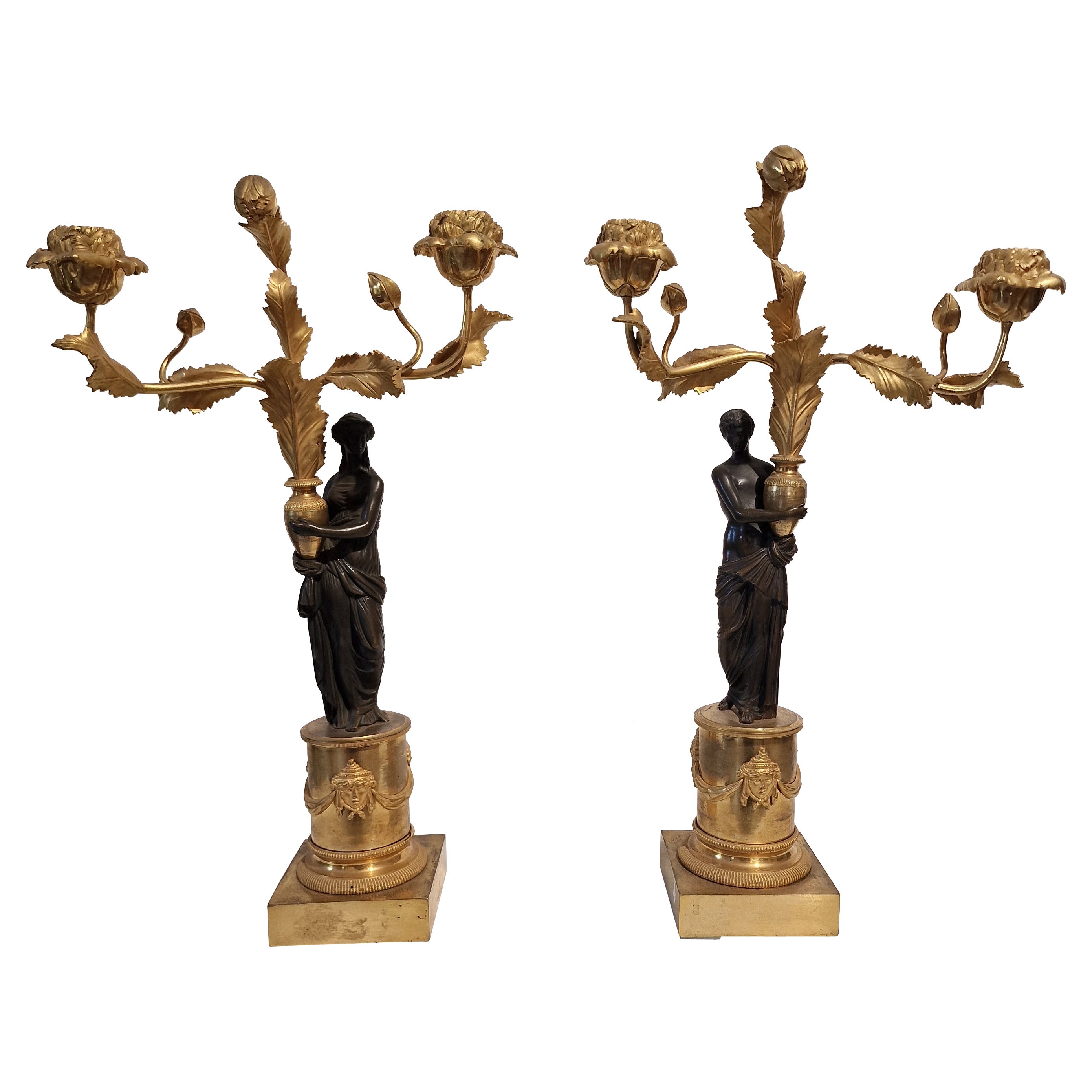 Pair of Girandoles, Candle sticks, Candelabras, bronze, ~ 1810 Empire, France For Sale