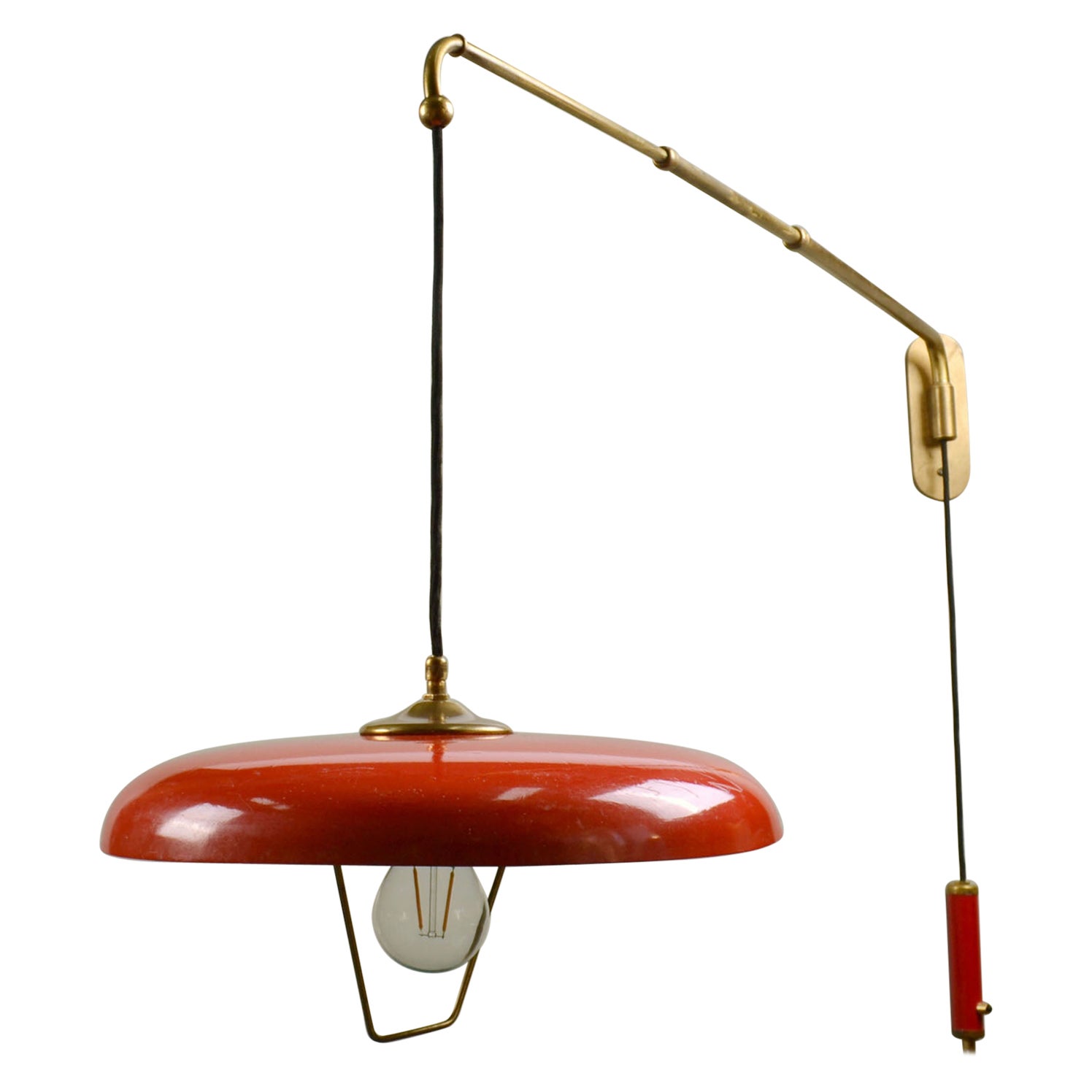 Stilnovo Telescoping Wall Lamp with Red Metal Shade and Counter Weight For Sale