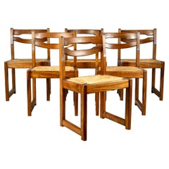 Set of 6 brutalist chairs in solid elm by Maison Regain, 1970s, France