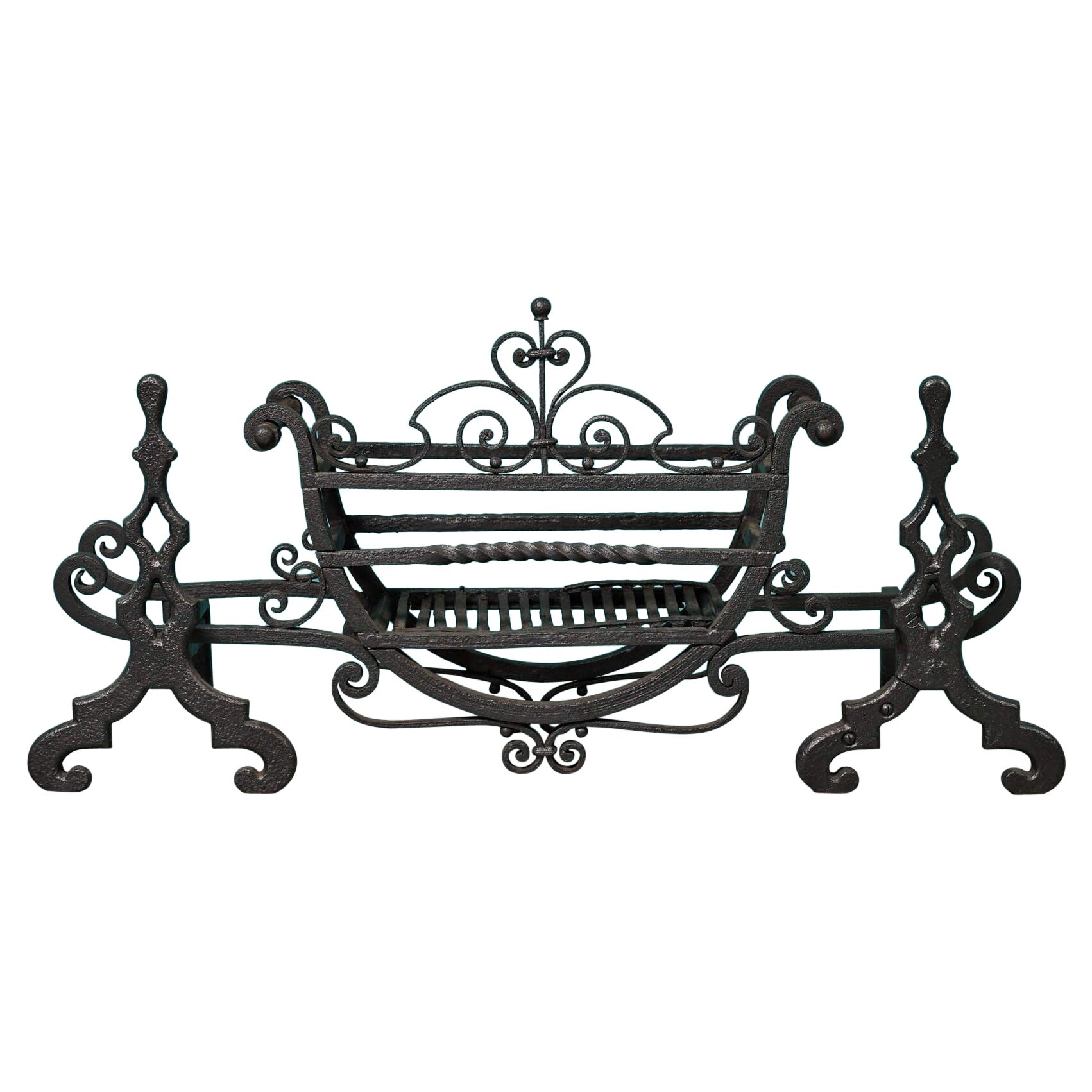 Antique Wrought Iron Fire Brazier & Fire Andirons For Sale