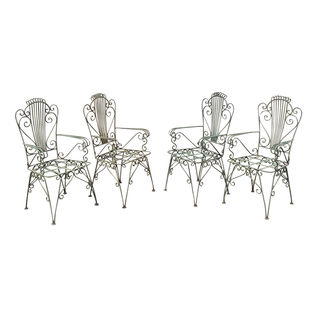 Vintage Neoclassical Style Green Wrought Iron Lyre Harp Garden Chairs - Set of 4 For Sale