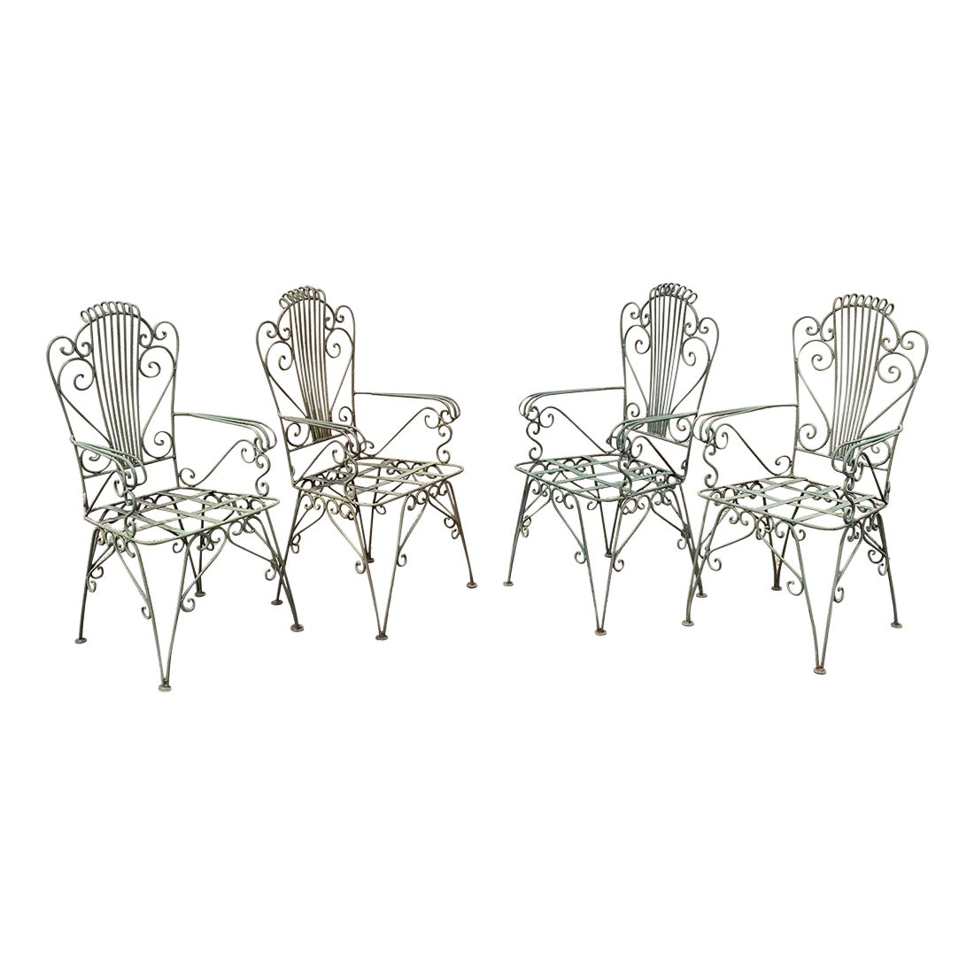 Vintage Neoclassical Style Green Wrought Iron Lyre Harp Garden Chairs - Set of 4