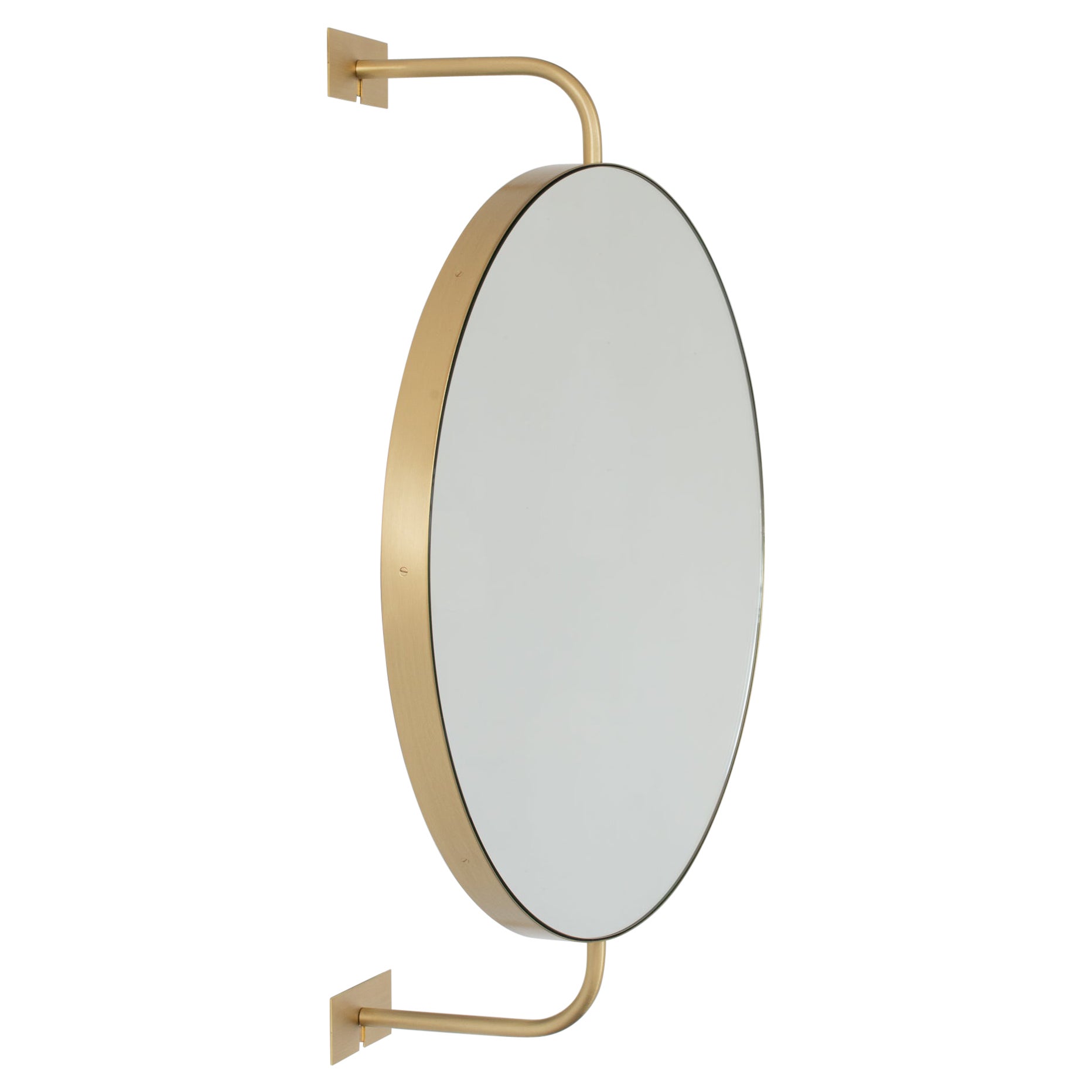 Vorso Wall Attached Suspended Rotating Round Mirror with Brushed Brass Frame For Sale