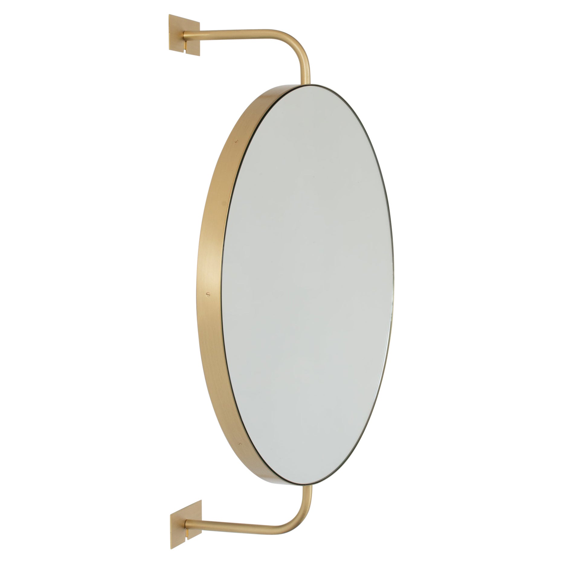 Vorso Wall Attached Suspended Rotating Round Mirror with Brushed Brass Frame