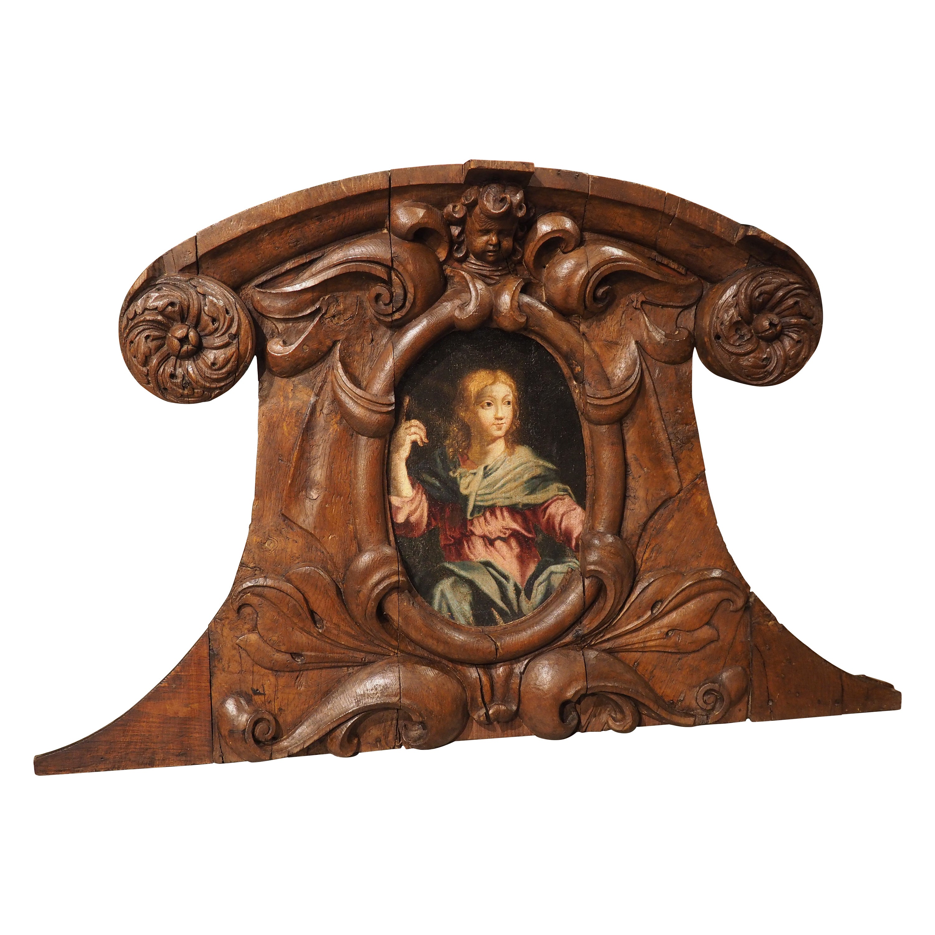 Panneau de cartouche en chêne sculpté français du 17ème siècle avec peinture de portrait en vente