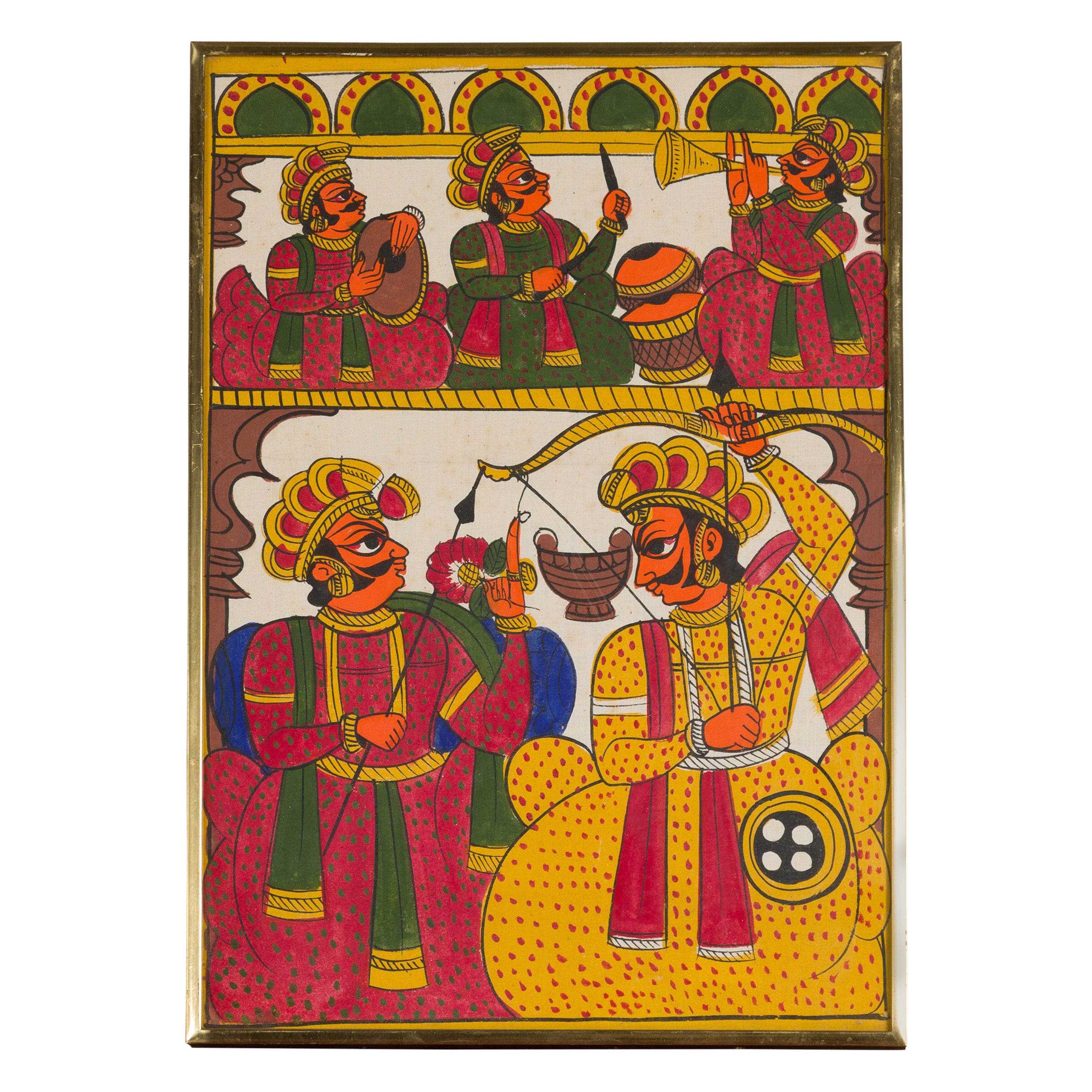 Antique Hand Painted Indian Folk Art Painting Depicting Musicians and Archers For Sale