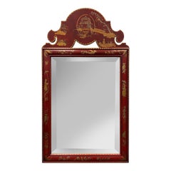 Vintage Hand Painted Red Wood Chinoiserie Mirror with Gilt Details