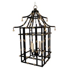 Antique Wonderful Medium Black & Gold Gilt Pagoda Bamboo Chinoiserie Lantern Fixture