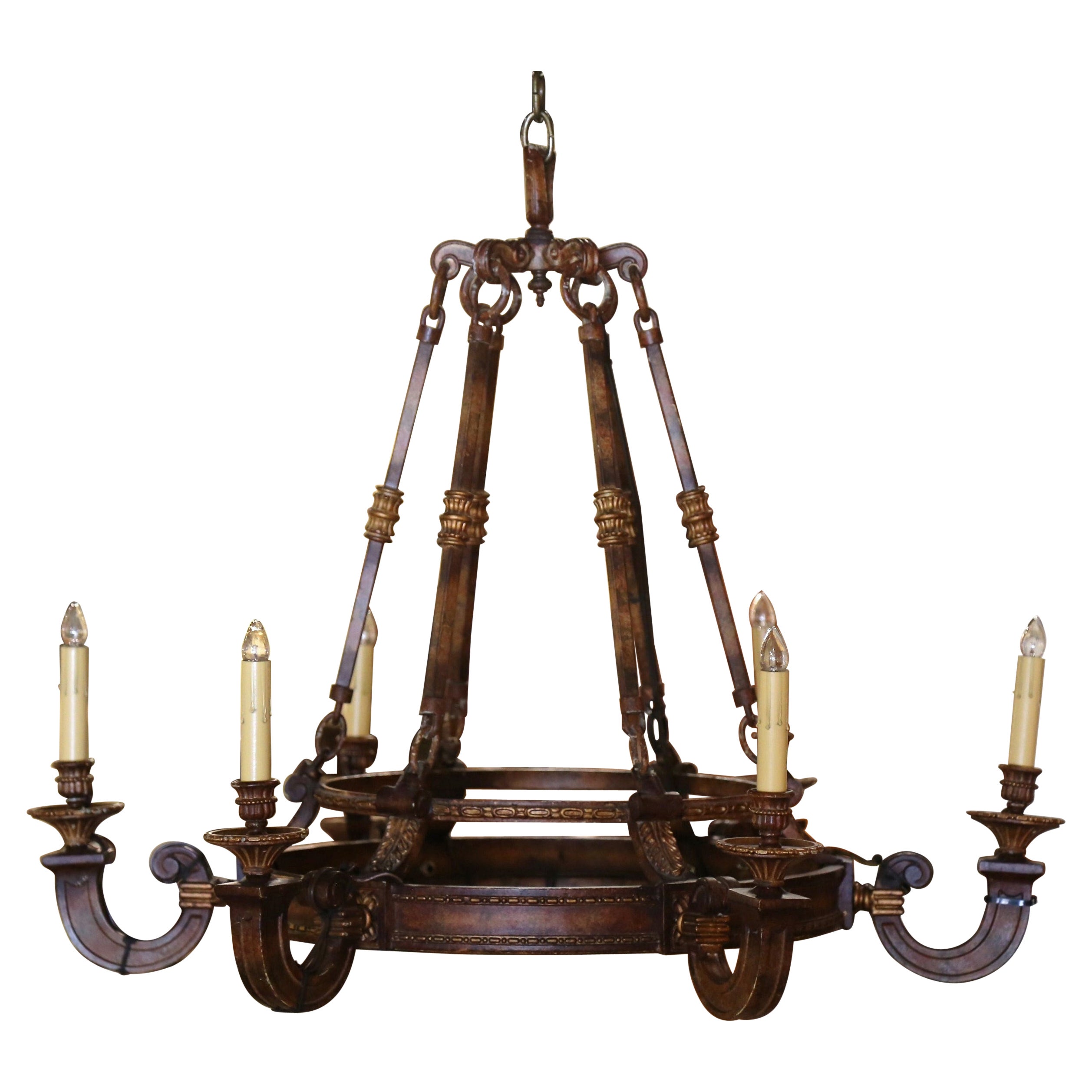 Mid-Century French Gothic Rust and Gilt Six-Light Round Iron Chandelier For Sale