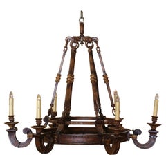 Vintage Mid-Century French Gothic Rust and Gilt Six-Light Round Iron Chandelier