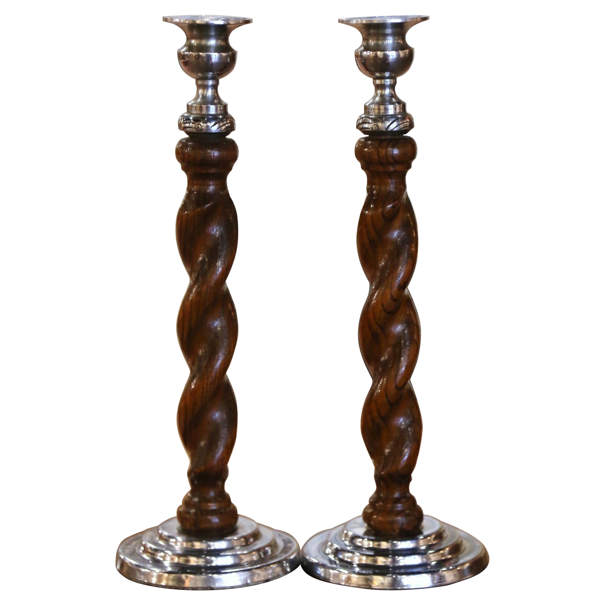 1920's Pair of English Carved Oak and Silverplated Barley Twist Candlesticks 