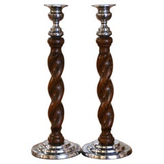 Antique 1920's Pair of English Carved Oak and Silverplated Barley Twist Candlesticks 