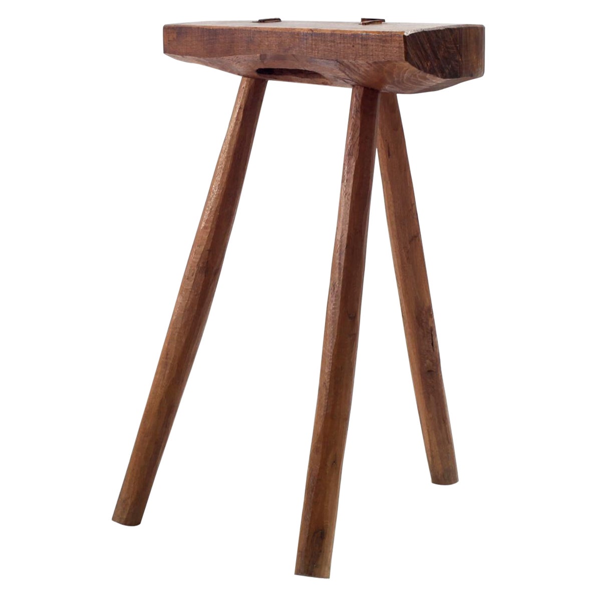 Handcrafted French Brutalist Rustic Solid Wood Tripod Stool For Sale