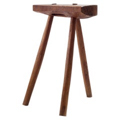 Vintage Handcrafted French Brutalist Rustic Solid Wood Tripod Stool