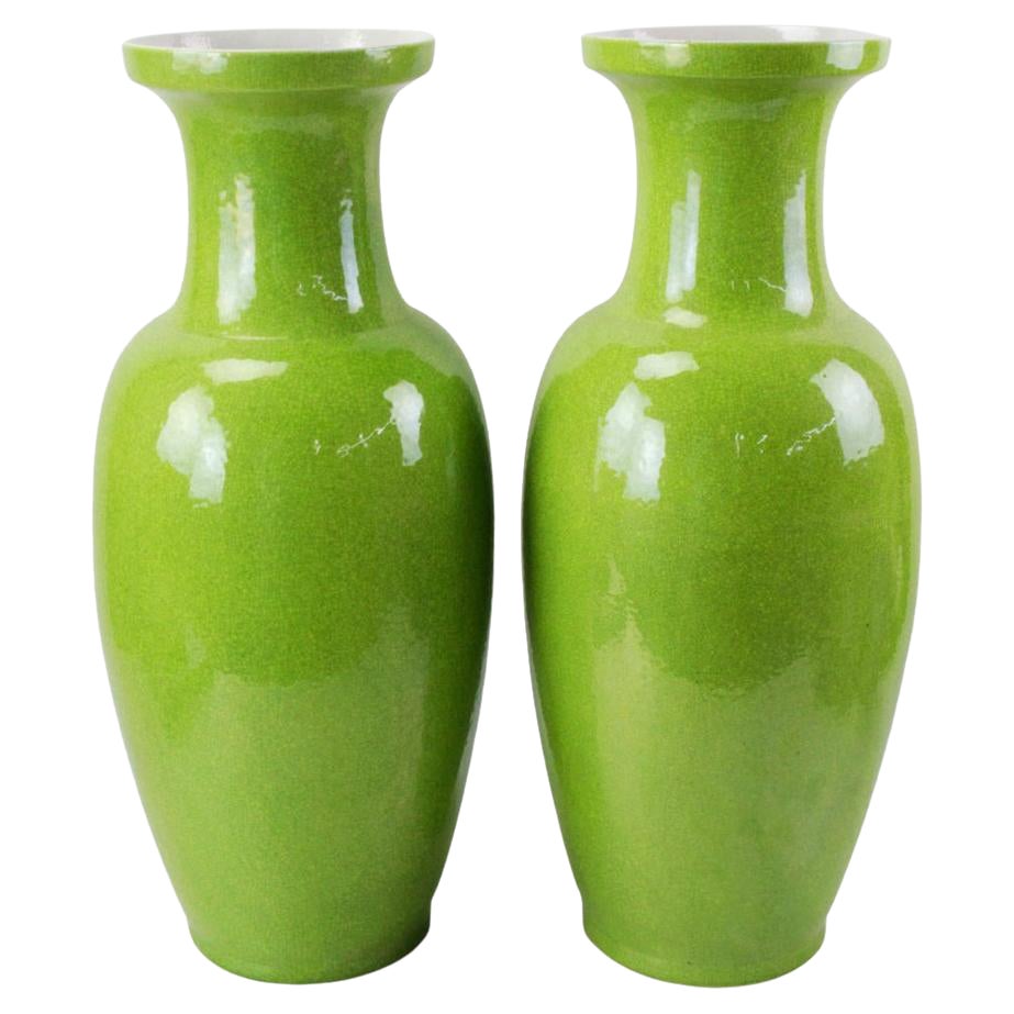 Pair of Chinese Lime/Apple Green Baluster/Urn Form Crackle Vases  For Sale