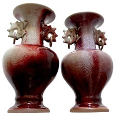 Pair of 19th Century Sang de Boeuf Oxblood Turquoise Vases with Copper Rings