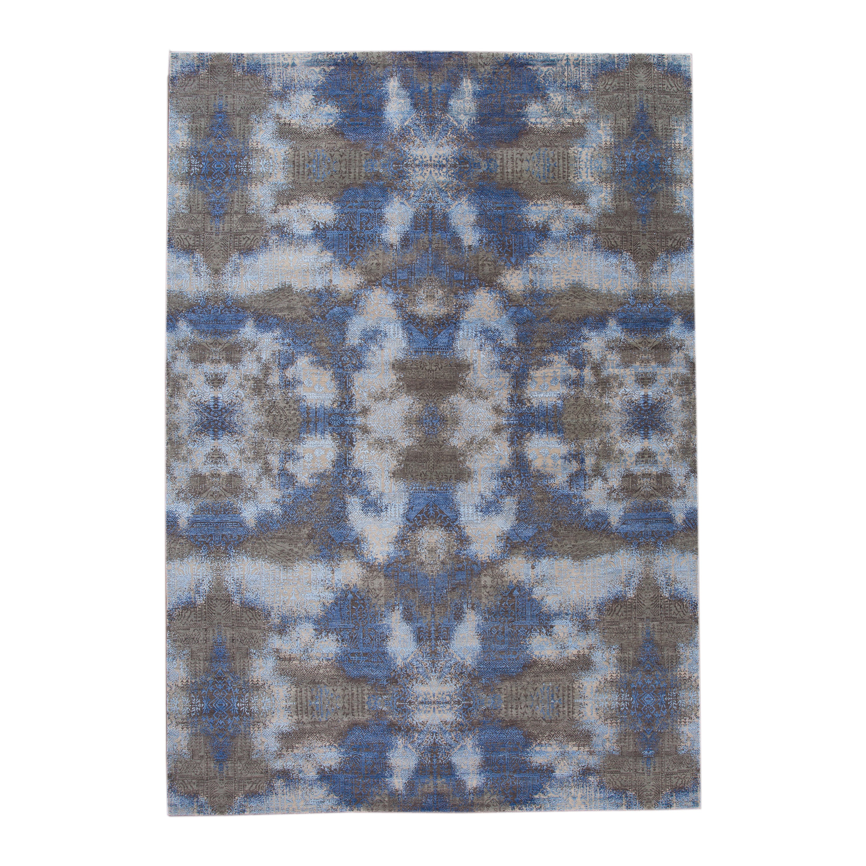 Moderner abstrakter Teppich aus Wolle und Seide, handgefertigt mit grauem und blauem Feld