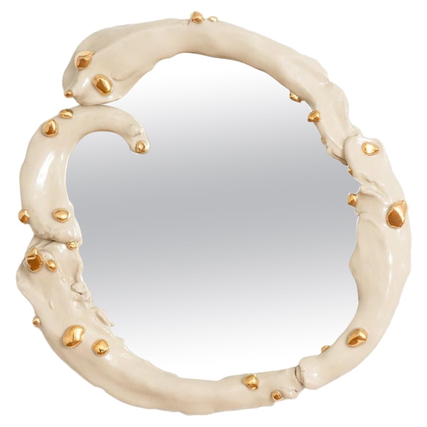 Contemporary Glazed Stoneware and 22k Gold Luster Sculptural Wall Mirror