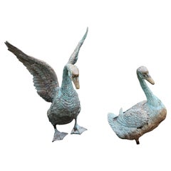Pareja de gansos figurados de bronce de pie y sentados