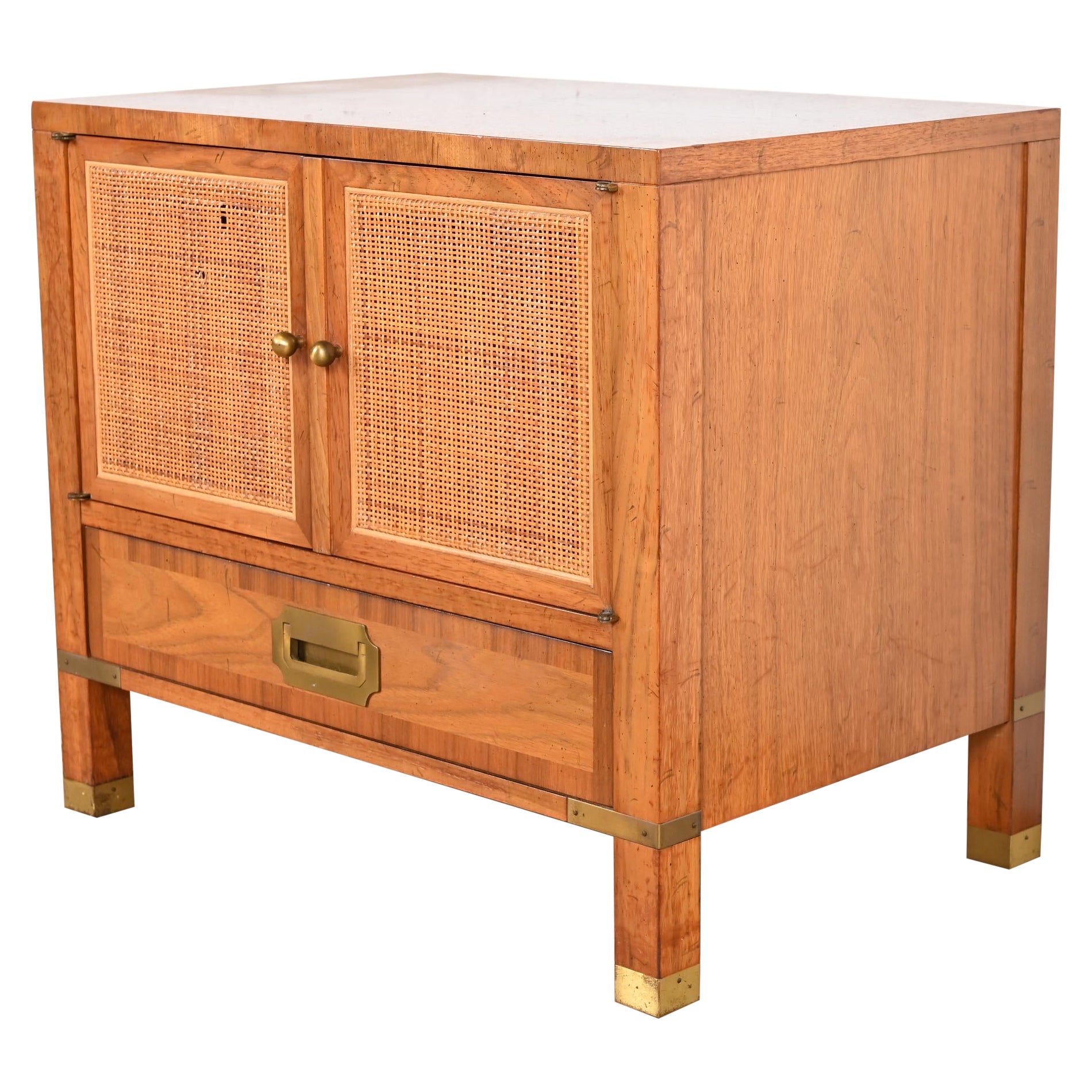 Baker Furniture Mid-Century Campaign Walnut, Cane, and Brass Nightstand, 1960s For Sale